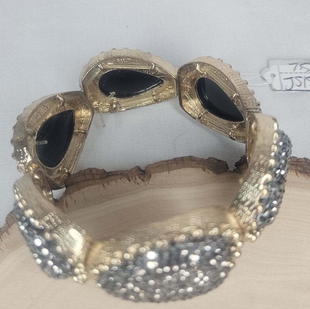 Gold Pave Hematite Teardrop Stretch Bracelet Beaded Coin Edge Border Statement - Picture 3 of 4